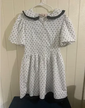 Us Together Polka Dot Peter Pan Collar Mini Dress White Navy Blue Puff Sleeve M thumbnail 1