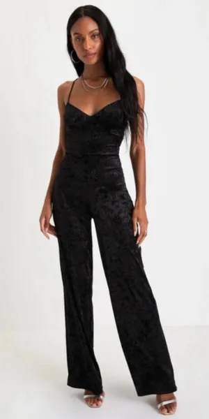 Lulus Certified Babe Black Glitter Velvet Strappy Back Jumpsuit XS thumbnail 1