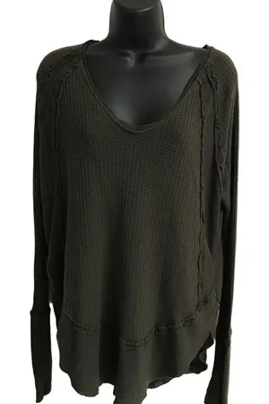 We‎ The Free army green waffle knit thermal long sleeve top S thumbnail 1