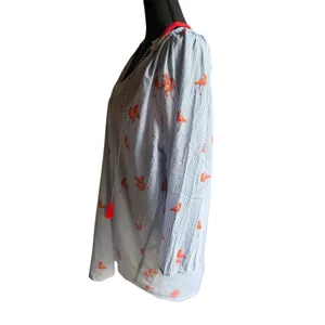 Violet Sky Flamingo Embroidered Tunic Blouse Small Blue White Stripe Cotton Boho thumbnail 6