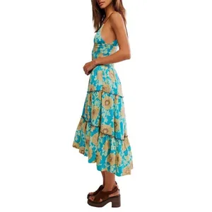 NWT Free People Adriel Tie Strap‎ Tiered Midi Dress Blue Floral Flowy Boho Small thumbnail 4