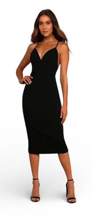 Lulus Dress Womens XS Black Bodycon Midi Deep V-Neck Spaghetti Strap Zip thumbnail 1