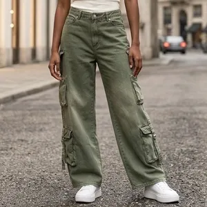 Forever 21 Premium Olive‎ Green Cargo Jeans Wide Leg Multi Pocket Womens Size 28 thumbnail 2