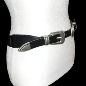 Black Double Buckle snap back Belt with Silver Accents thumbnail 4