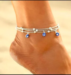 3chain anklet with blue evil eye charms. thumbnail 2