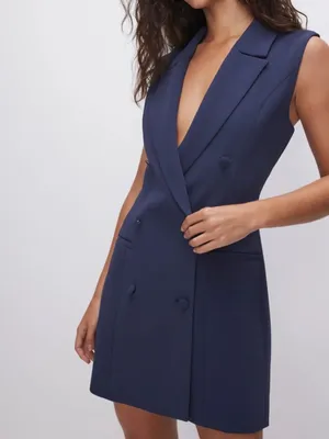 New Good American Luxe Suiting Sleeveless Blazer Dress Navy Blue Rinse Size 3 L thumbnail 2