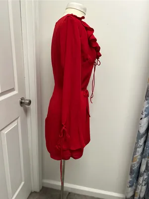 Red Ruffled V-Neck Long-Sleeve Mini Dress thumbnail 5