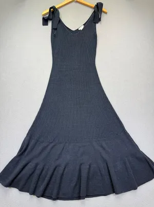 Club Monaco Womens Navy Blue Ribbed Linen Blend Tie Shoulder‎ Midi Dress Size M thumbnail 1