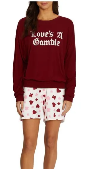 WILDFOX Love's a Gamble Shorty‎ Pajamas Set, 2 Piece, Red Hearts, Large, NWT thumbnail 1