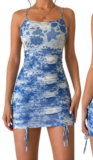 Missguided Blue Dragon‎ Floral Ruched Bodycon Mini Dress Y2K Size 2 Going Out thumbnail 1