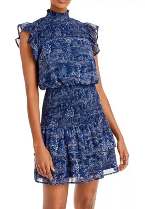AQUA Smocked Mock Neck Mini Dress M Blue Smocked Tiered Ruffle Fairy Whimsigoth thumbnail 1