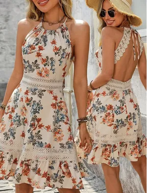 Bohemian Backless Tie-Detail Floral Halter Dress thumbnail 3