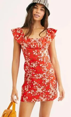 Free People Red Floral Cutout Ruffle Backless Mini Dress Festival Coquette L thumbnail 1