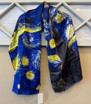 Oblong 100% Charmeuse Silk Scarf Van Gogh "The Starry‎ Night" Oil Painting thumbnail 1