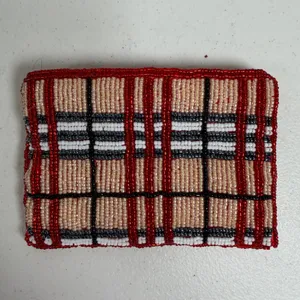 Vintage Coin Purse Plaid Beaded Red Tan White Black Zippered Card ID Pouch thumbnail 2