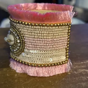 Handmade wide beaded cuff bracelet w/rhinestones and pink fringe thumbnail 6