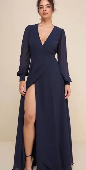 NWT Lulus My Whole Heart Dark Navy Blue Long Sleeve Maxi Dress Size Medium thumbnail 1