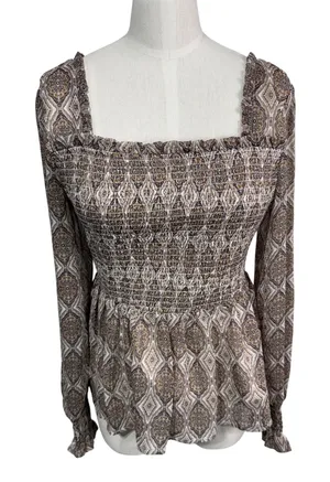 In Loom Blouse Women Small Brown Smocked‎ Square Neck Peplum Paisley thumbnail 1