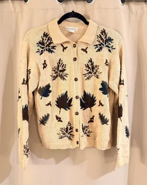Dressbarn Cream Cardigan with Brown and Green Leaf Motif thumbnail 1