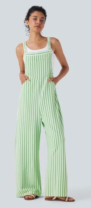 Halara Green White Striped Wide Leg Bib Overalls Pockets Medium Regular thumbnail 1