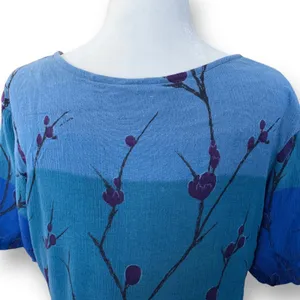 Vintage 90s Ombre Blue Dark Floral Crinkle Dress Short Sleeve Maxi‎ Festival thumbnail 6