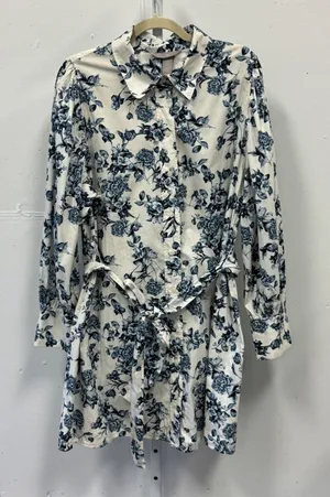 H&M Floral Cotton Shirt Tunic Dress XL Button Down Long Sleeve Belted Blue White thumbnail 1