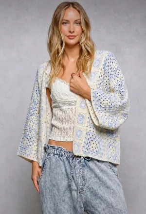 POL Blue Crochet Granny Square Knit Open Cardigan thumbnail 1