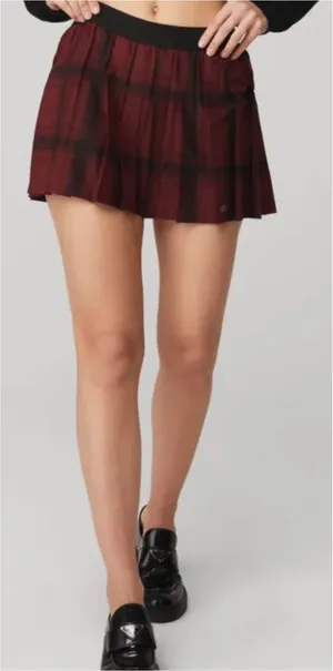 ALO Yoga Legacy Plaid Varsity Tennis Skirt Cranberry Black, S thumbnail 1