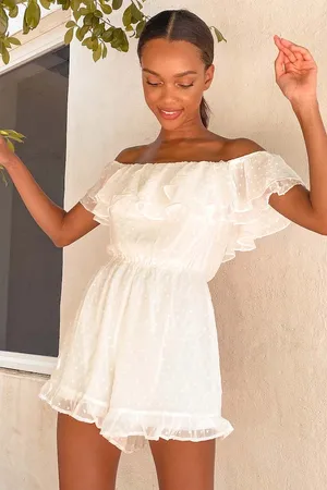 New Frilled to Bits White Swiss Dot Off-the-Shoulder Romper MSRP $58 thumbnail 1