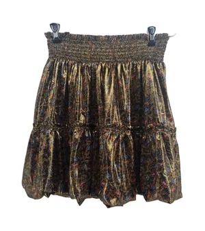 Free People Skirt Womens M Floral Brocade Gold Metallic Smocked Bubble EUC thumbnail 1