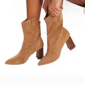 VICI | Tan Dev Faux Suede Slouchy‎ Western Pointed Block Heel Ankle Boots, 6 thumbnail 3