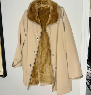 Vintage COUNTRY PACER 80s Faux Fur Brown Lined Turn Button Trench Coat Size M thumbnail 1
