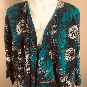 NY Collection Teal peacock feather print cardigan thumbnail 2