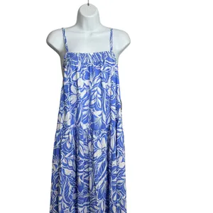 Old Navy Women Blue White Floral Tropical Smocked Tiered Maxi Dress Large thumbnail 6
