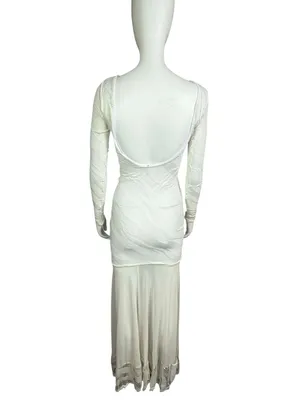 Auditions White Textures Mesh Long Sleeve Maxi Gown with Low Back and Lace Hem D thumbnail 2