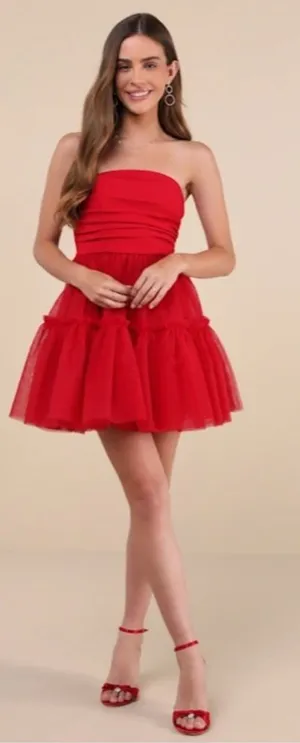 LULUS Sexy Flirty Strapless Prom Wedding Cocktail Party Tulle Ruffle Mini Dress thumbnail 1
