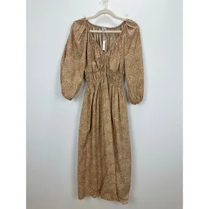 Madewell V Neck Balloon Sleeve Maxi Dress Spiral Dot Tan Smocked Boho US 00 NWT thumbnail 7