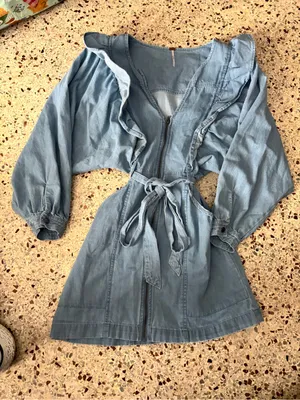 Free People Chambray Cotton Denim Mini Dress Belted Blue Front Zip SZ small thumbnail 4
