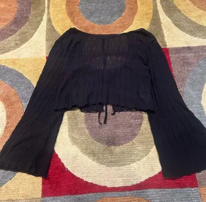 Black Sheer Open Back Tie Cutout Wide Sleeve Long Sleeve Crop Top Blouse Shirt thumbnail 1