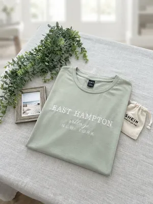 SHEIN East Hampton Village New York Sage Green Graphic T-Shirt Size Small thumbnail 2