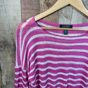 Lauren Ralph Lauren Pink White Striped 100% Linen Knit Sweater Boat Neck Large L thumbnail 4