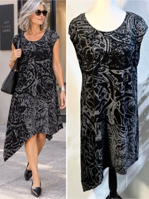💥Bryn Walker Abstract Print Asymmetrical Tunic Dress Black Gray Stretch Sz L💛 thumbnail 2