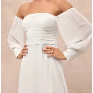 NEW Lulus Lux Bridal Adorna White Off-the-Shoulder Semi-Sheer Chiffon Maxi Dress thumbnail 4