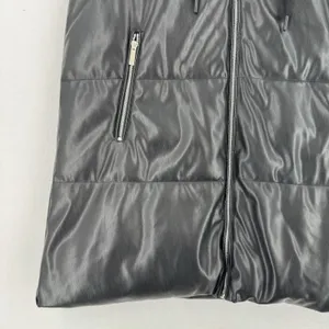 Vigoss Women L Black Faux Leather Hooded Long Puffer Vest Zip Pockets Moto Edgy thumbnail 5