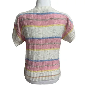 Keneth too! Vtg 80s‎ Knit Top Pastel Striped Pointelle Retro Grandma Cottage S thumbnail 4