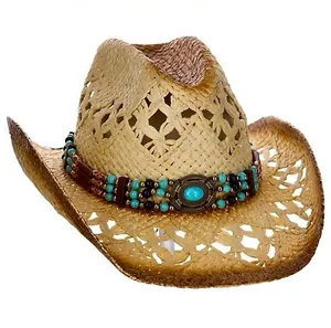 Scala Women’s Cattlemen Western Hat, 100% Rafia with Turquoise Beaded Design, OS thumbnail 1