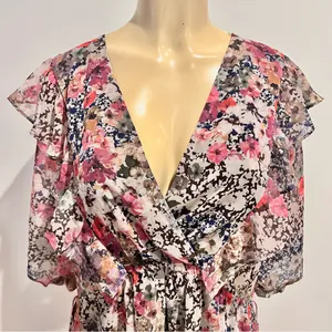 New Zara Floral Chiffon Dress Sz L Fit Flare Short Sleeves Mini Ruffle Wrap thumbnail 2