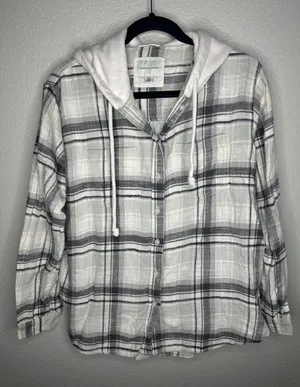 American Eagle Shirt Womens Small White Gray Plaid Hooded Button Front Flannel thumbnail 1