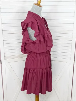 Pinch Isla Flutter Sleeve Tiered Mini Dress Burgundy Maroon Red Medium thumbnail 3
