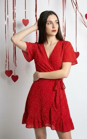 Red Polka Dot Wrap Dress Flutter Sleeve V Neck Tie Waist Women’s Dress thumbnail 1
